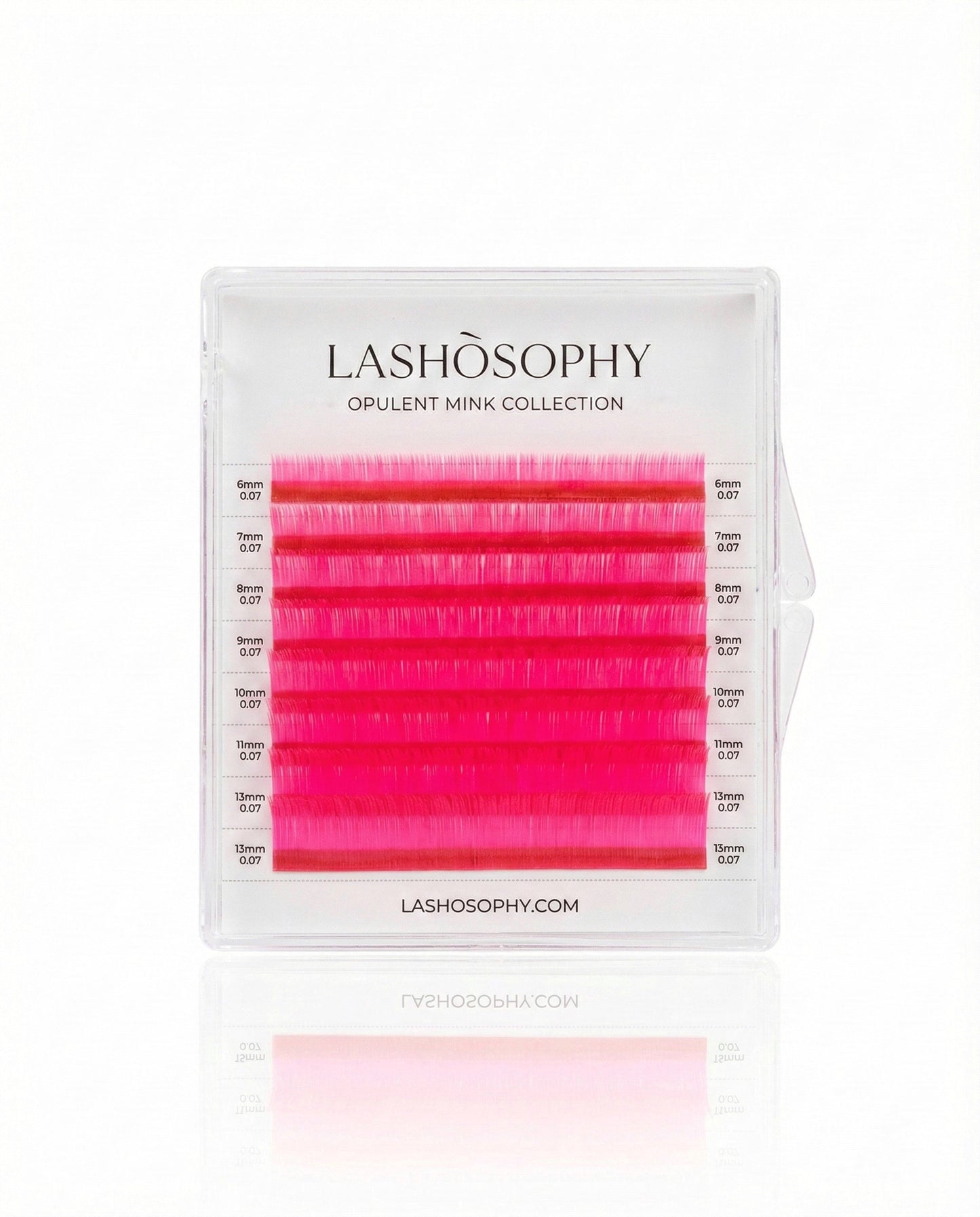 Neon Pink lash extensions mini mix tray by LASHÒSOPHY — vibrant pink Korean PBT fiber in 8 rows.