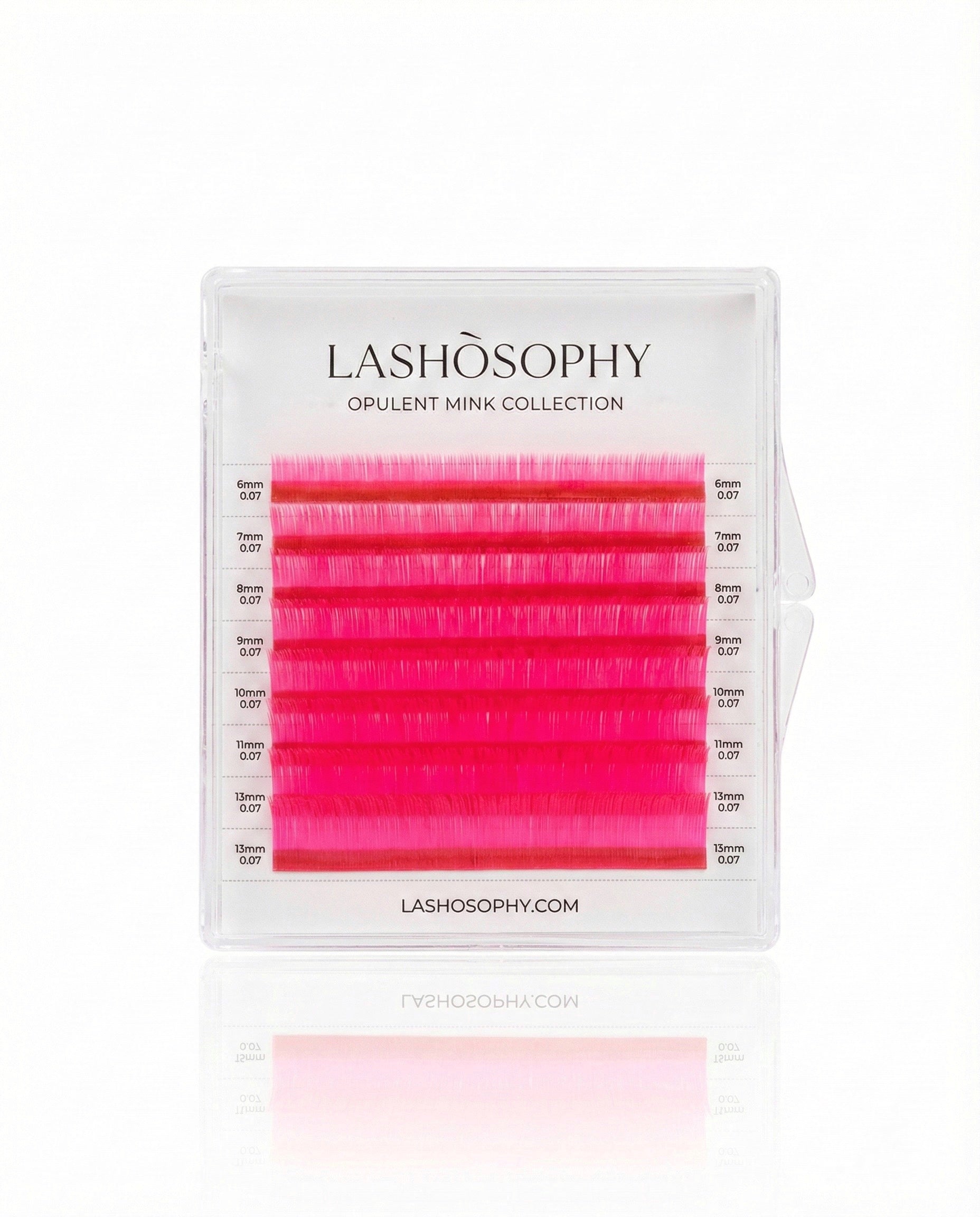 Neon Pink lash extensions mini mix tray by LASHÒSOPHY — vibrant pink Korean PBT fiber in 8 rows.