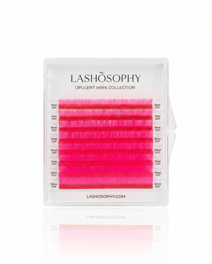 Neon Pink lash extensions mini mix tray by LASHÒSOPHY — vibrant pink Korean PBT fiber in 8 rows.