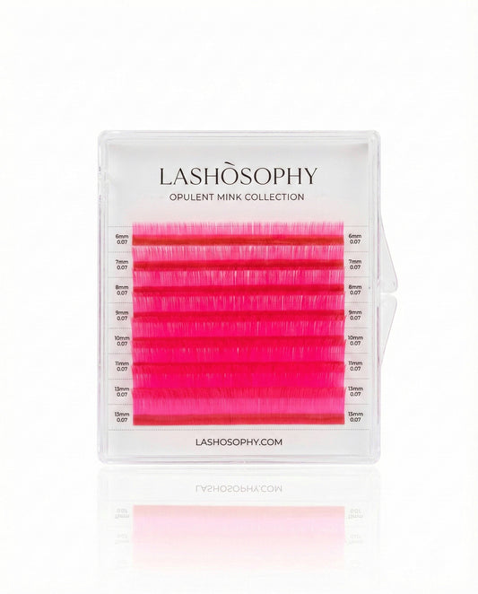 Neon Pink lash extensions mini mix tray by LASHÒSOPHY — vibrant pink Korean PBT fiber in 8 rows.