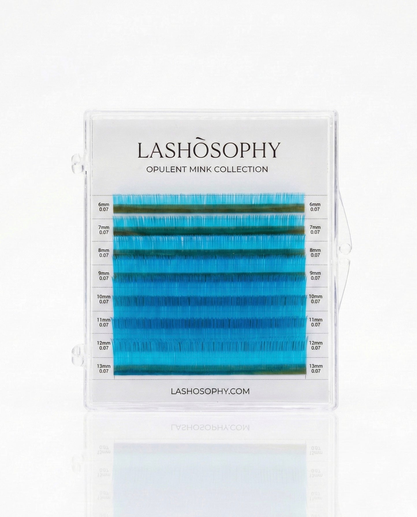 Neon Blue lash extensions mini mix tray by LASHÒSOPHY — vibrant blue Korean PBT fiber in 8 rows.