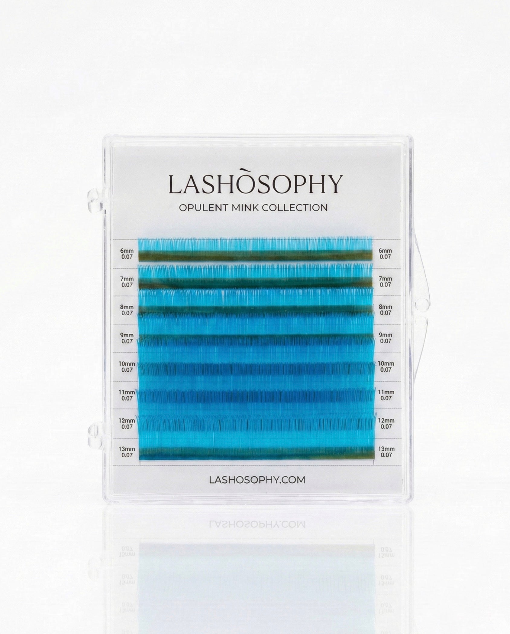 Neon Blue lash extensions mini mix tray by LASHÒSOPHY — vibrant blue Korean PBT fiber in 8 rows.