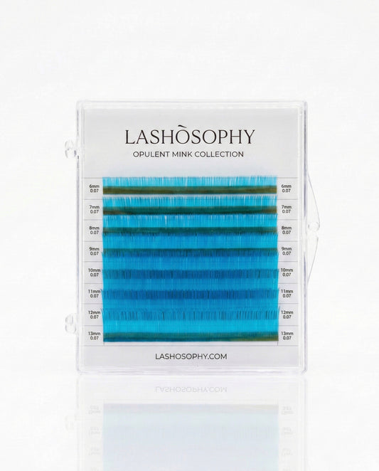 Neon Blue lash extensions mini mix tray by LASHÒSOPHY — vibrant blue Korean PBT fiber in 8 rows.