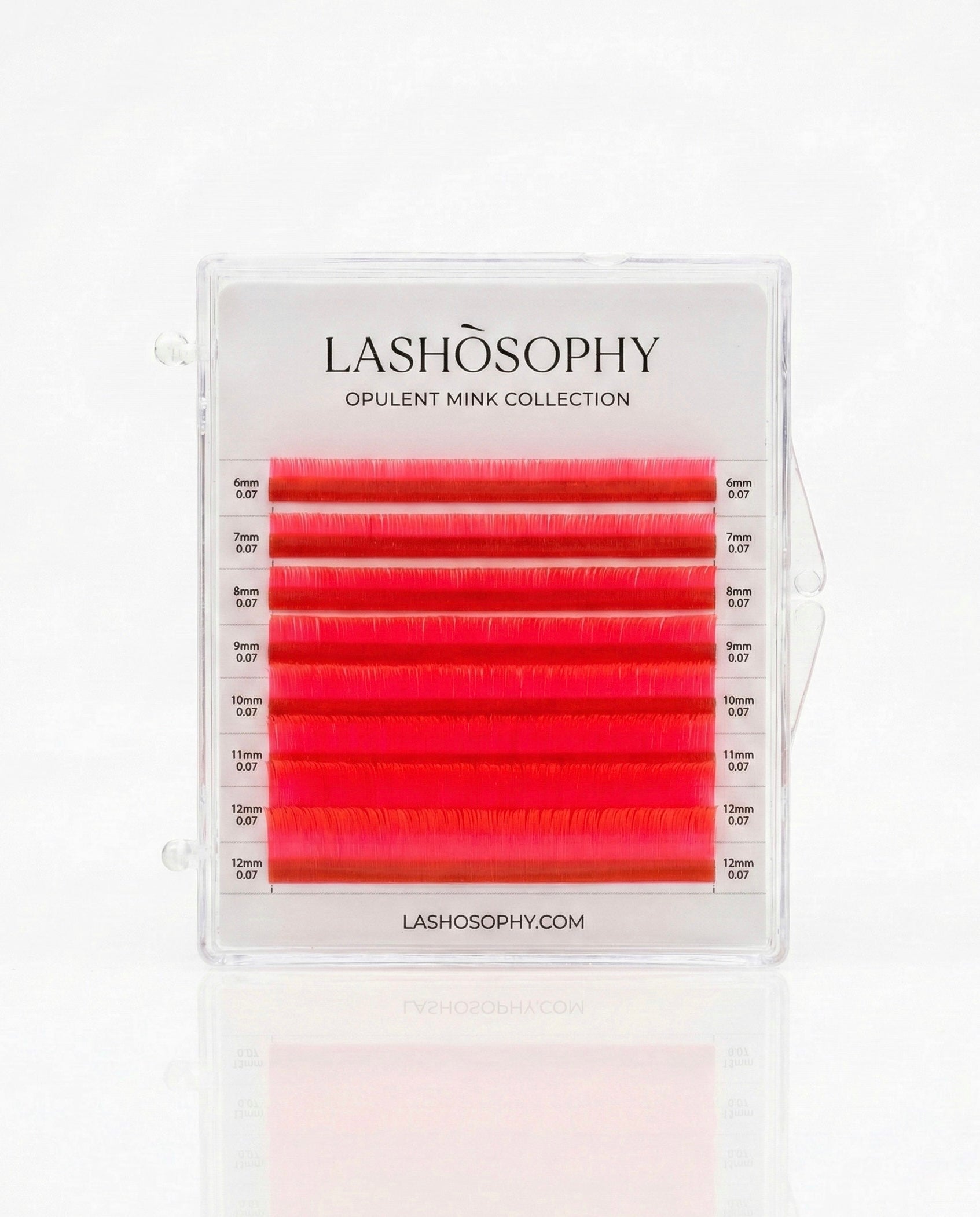 Neon Red lash extensions mini mix tray by LASHÒSOPHY — vibrant pink Korean PBT fiber in 8 rows.