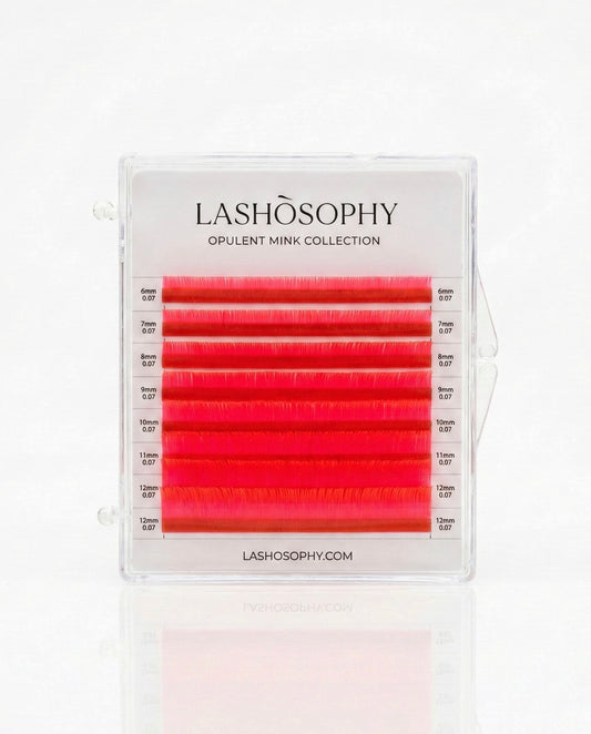 Neon Red lash extensions mini mix tray by LASHÒSOPHY — vibrant pink Korean PBT fiber in 8 rows.