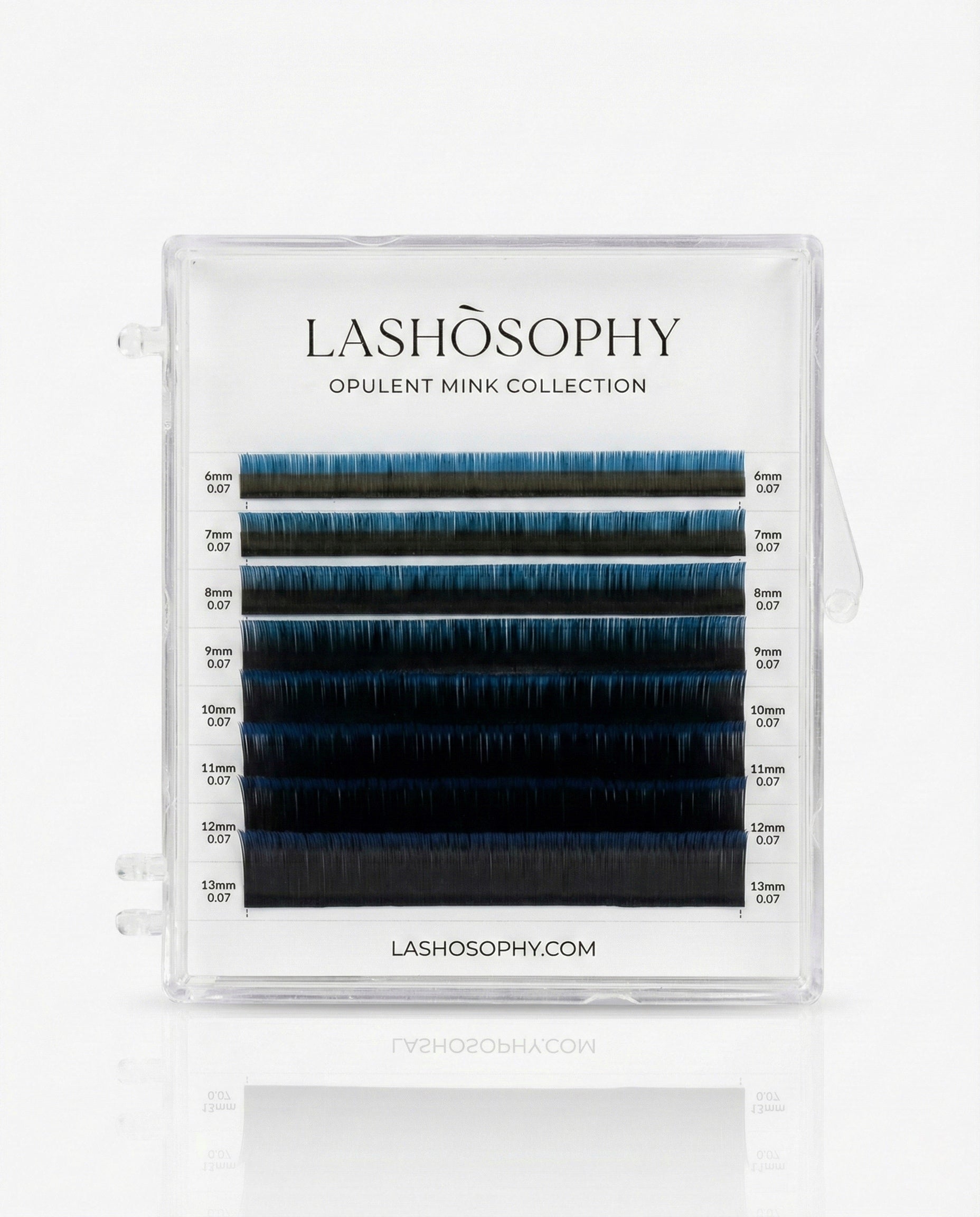 Black and blue ombre lash extensions mini mix tray by LASHÒSOPHY — semi-matte Korean PBT fiber with blue tips.