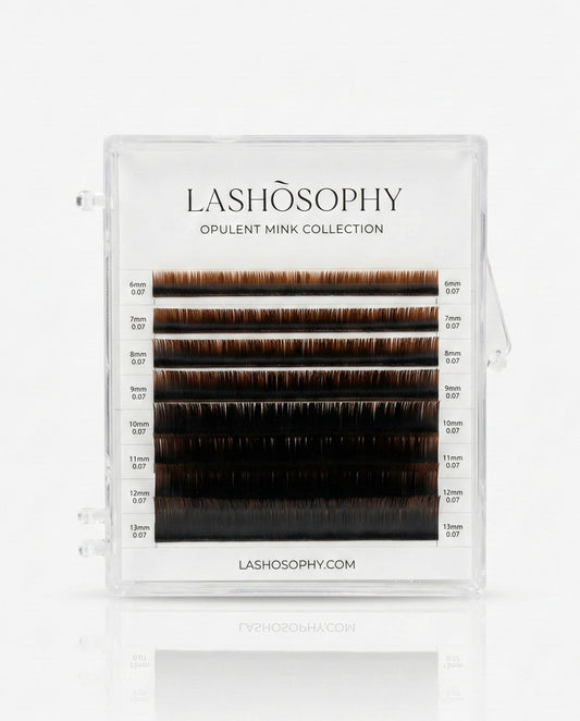 Black and brown ombre lash extensions mini mix tray by LASHÒSOPHY — semi-matte Korean PBT fiber with brown tips.