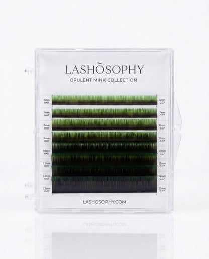 Black and green ombre lash extensions mini mix tray by LASHÒSOPHY — semi-matte Korean PBT fiber with green tips.