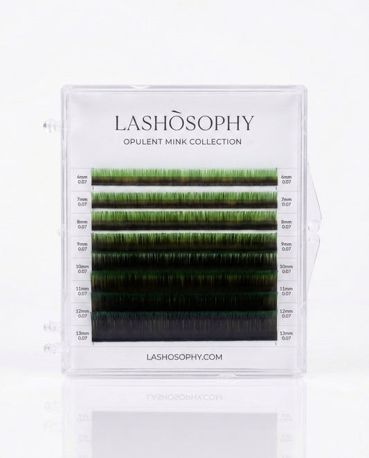 Black and green ombre lash extensions mini mix tray by LASHÒSOPHY — semi-matte Korean PBT fiber with green tips.